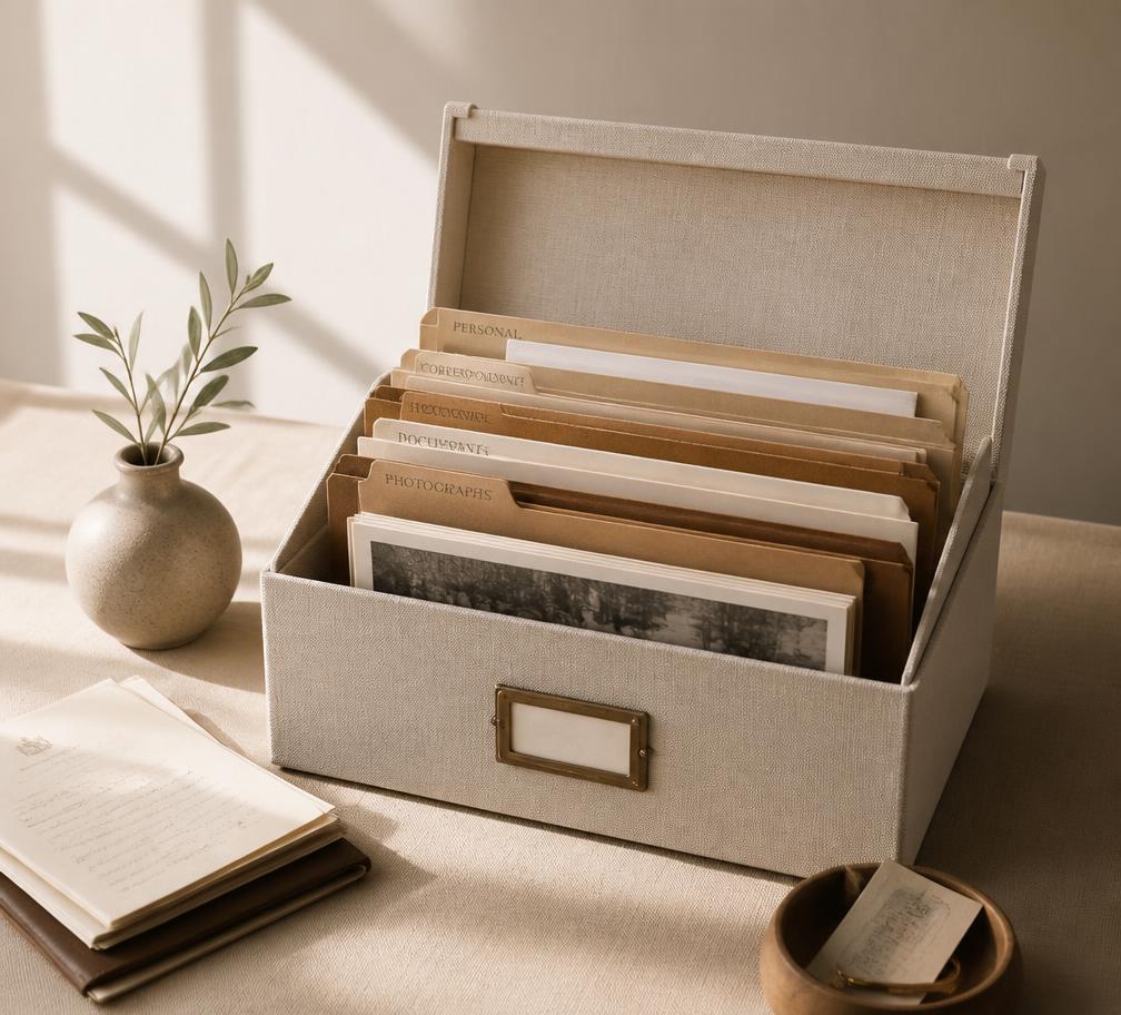 A linen archive box holding neatly labelled personal document folders