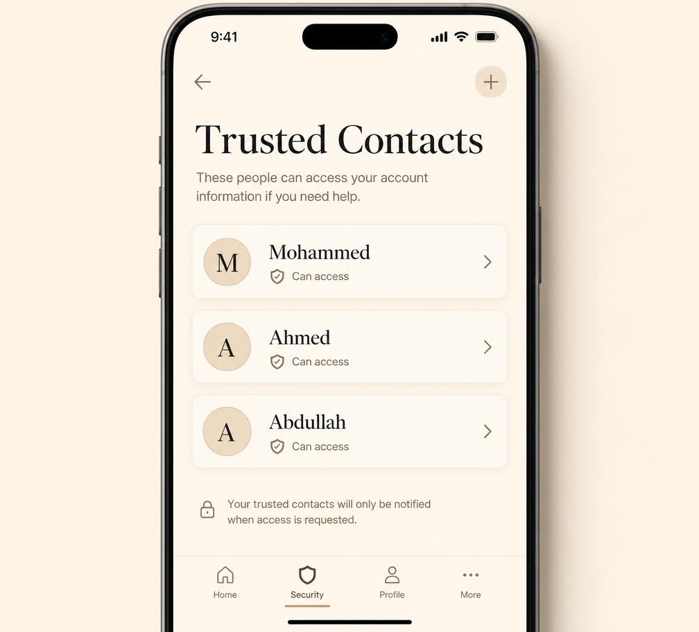 Sanad mobile app screen for sharing documents with trusted contacts