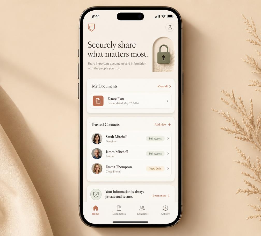 Sanad mobile app screen for sharing documents with trusted contacts