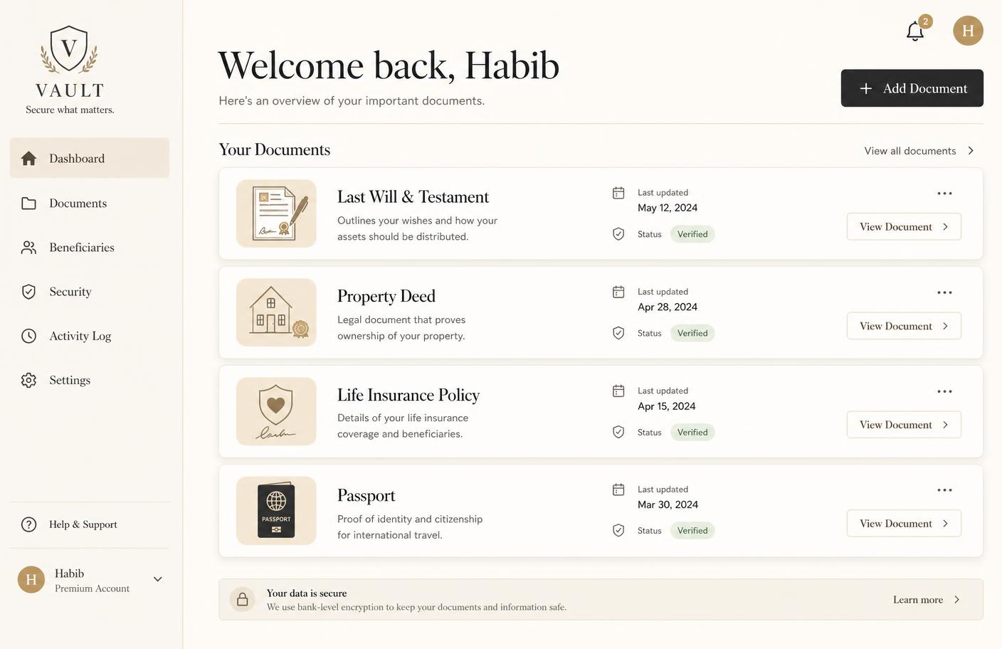 Sanad dashboard showing organized documents such as a will, insurance policy and property deed